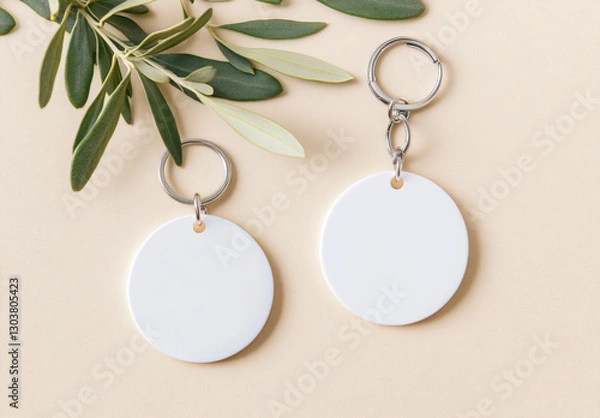 Fototapeta Keychain mockup among olive leaves to display design. Blank white sublimation key chain photo. 

