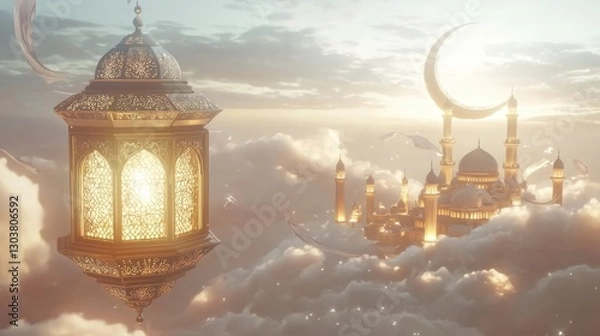 Fototapeta Illuminated lantern floating over majestic mosque dreamy cloudscape digital art ethereal atmosphere aerial perspective