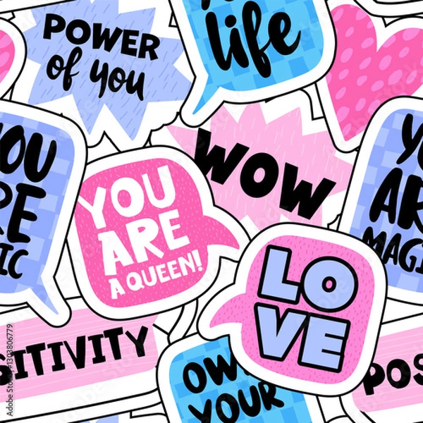 Obraz Seamless pattern of sticker with slogans. Bright colorful  Abstract print background for fabric, wrapping, textile, wallpaper, apparel. Vector illustration for teen girl. Funky style