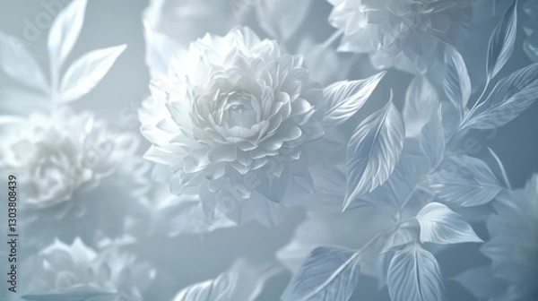 Fototapeta White paper flowers, studio backdrop, delicate design, wedding invitation