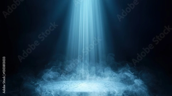 Fototapeta Illuminating light beam descending through mist dark environment digital art abstract viewpoint ethereal concept