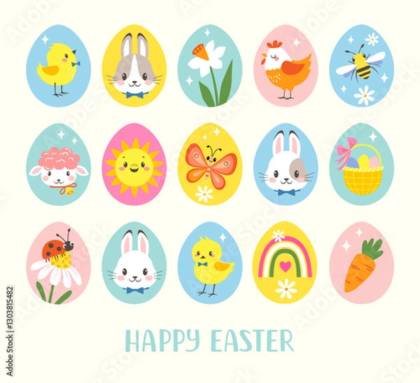 Obraz Vector set of cute Easter characters in colorful eggs shapes. Bright Easter clip art for stickers, greeting card, packaging.