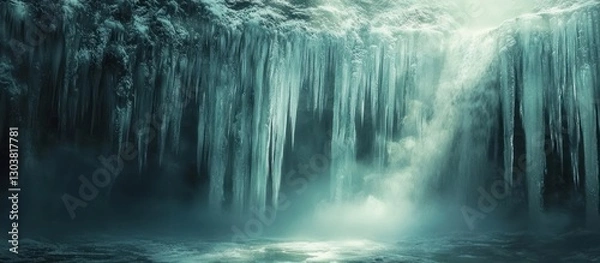 Obraz A frozen waterfall with icicles hanging from the cliff face.