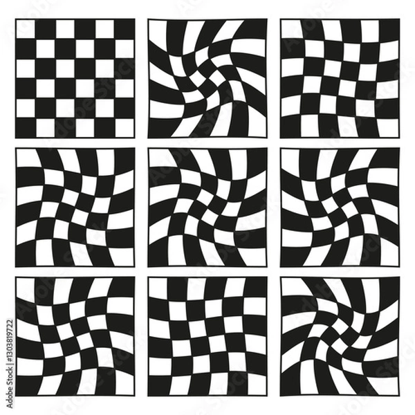 Obraz Black white checkerboard. Optical illusion pattern. Wavy checkered texture. Abstract geometric shape.