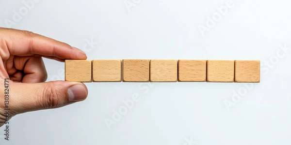 Fototapeta A hand places a blank wooden tile in a row of others on a white surface. Use this for word games, creativity, or concepts requiring text on websites/blogs.