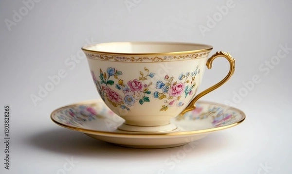 Fototapeta A delicate porcelain teacup with hand-painted floral patterns and a gold-rimmed edge on a matching saucer