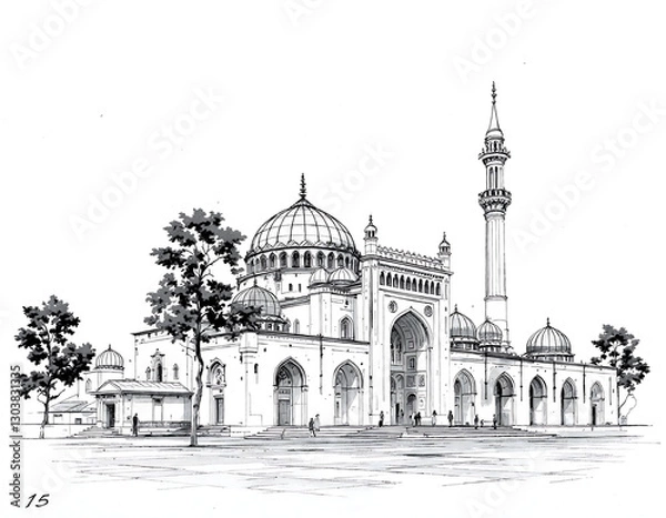 Fototapeta Drawing of Mosque with Dome and Minaret Architectural Perspective