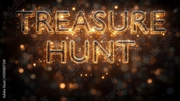 Fototapeta Text "TREAURE HUNT" with shiny golden sparkling letters.