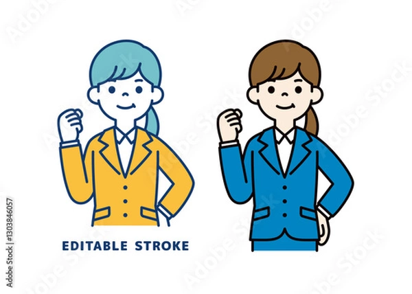 Fototapeta ガッツポーズをする、若い女性会社員のベクターイラスト素材＿線幅の編集可能