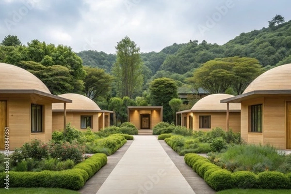 Fototapeta A clean, abstract scene of a sustainable village where organic shapes and minimal architecture combine to evoke a harmonious, green world