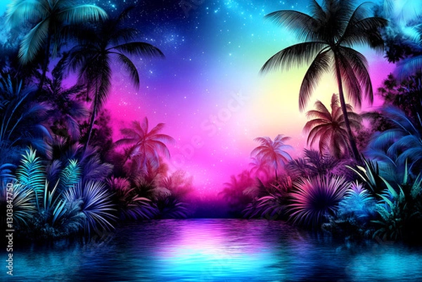 Fototapeta Tropical scene with a blue and purple sky and a body of water. The water is surrounded by palm trees and the sky is filled with stars