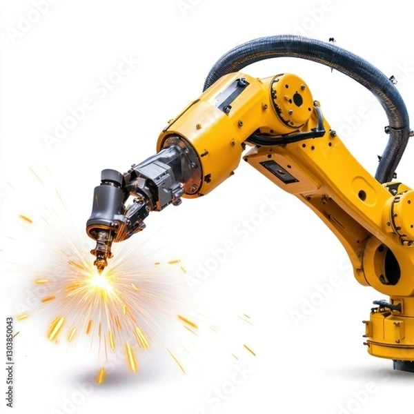 Fototapeta Detailed and sharp image of a robotic steel welding process on a white background, ready for industrial marketing and automation promotions, emphasizing advanced manufacturing
