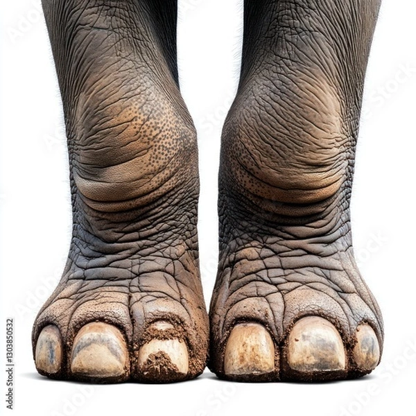 Fototapeta Detailed and sharp image of an Asian elephants massive feet on a white background, ready for use in wildlife branding and conservation efforts, emphasizing their stability and power.