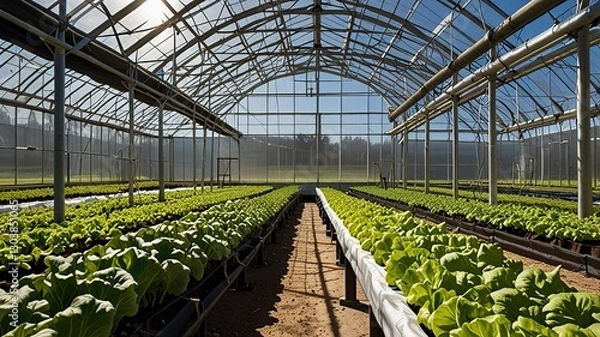 Obraz Large greenhouse with a curved, transparent roof made of plastic sheeting supported by wooden beams.