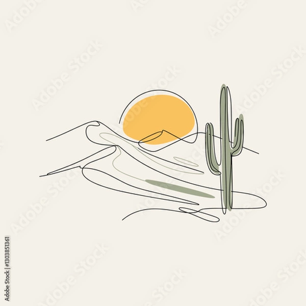 Fototapeta Desert Sunset with Cactus line art design.eps