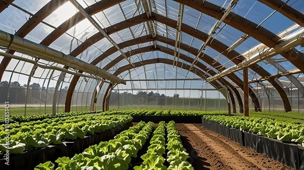 Obraz Large greenhouse with a curved, transparent roof made of plastic sheeting supported by wooden beams.