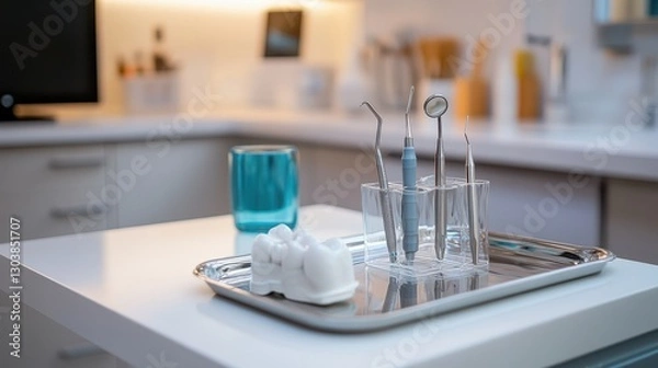 Fototapeta Dental Tools Setup on Tray in Modern Kitchen Environment