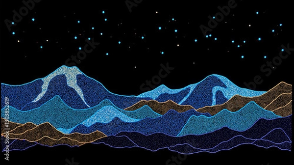Fototapeta A fiber-optic Northern Song landscape embroidery, with glowing threads creating luminous mountain ranges on black silk, and floating ink dot stars activated by kinetic movement