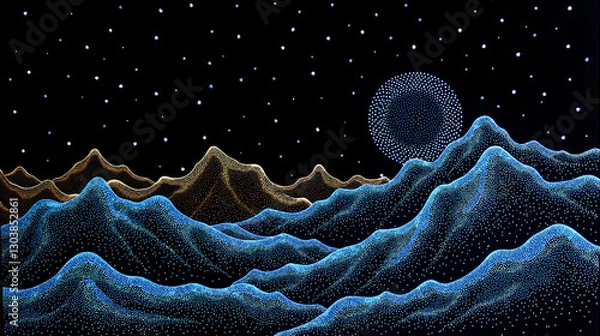 Fototapeta A fiber-optic Northern Song landscape embroidery, with glowing threads creating luminous mountain ranges on black silk, and floating ink dot stars activated by kinetic movement