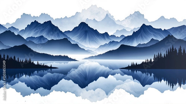 Fototapeta A splashed-ink mountain landscape repeating pattern in monochromatic indigo tones