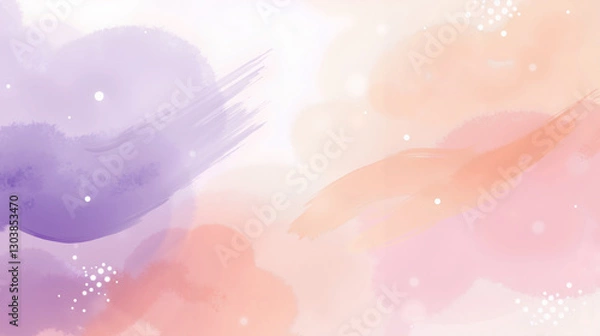 Fototapeta A dreamy watercolor background blending lavender and peach gradients, accented by floating abstract brushstrokes and soft halftone dots, illuminated by warm diffused light for a minimalist aesthetic