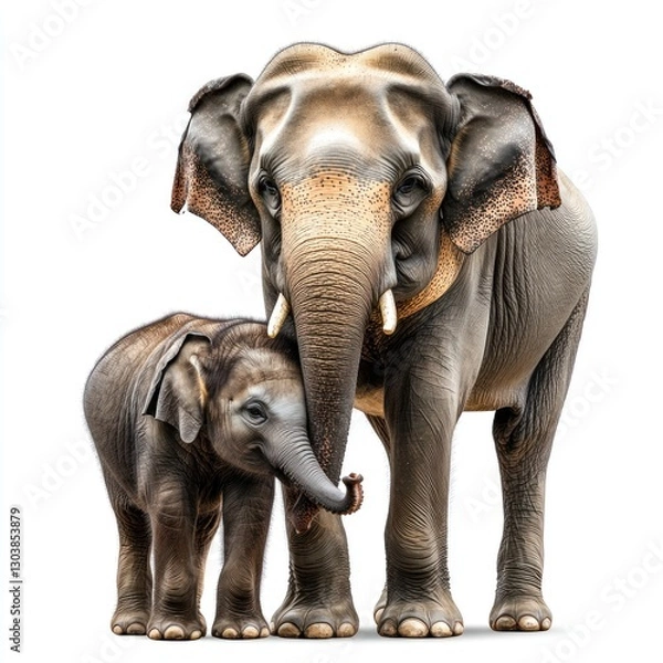Fototapeta High-resolution image of an Asian elephant mother and calf against a white backdrop, perfect for wildlife conservation branding, showcasing the deep bond between them.