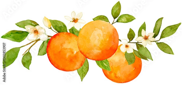 Fototapeta Oranges with flowers watercolor composition hand drawn and painted on isolated background. Citrus fruit tropical food small border 