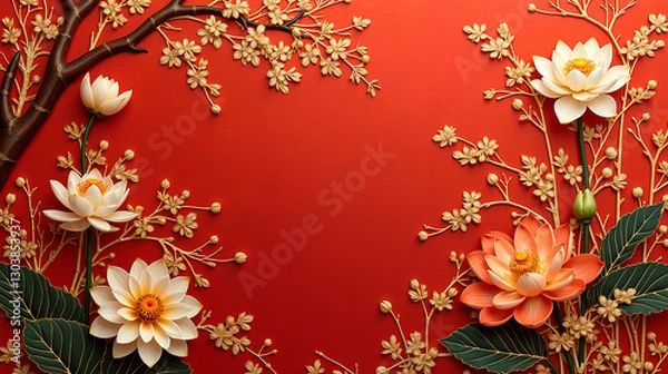 Fototapeta A silk brocade texture combining lotus pods and mandarin ducks in gold thread
