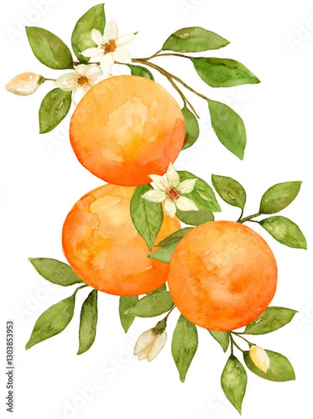 Fototapeta Three oranges on branch watercolor composition arrangement hand drawn and painted on isolated background. Citrus fruit flower tropical food border 