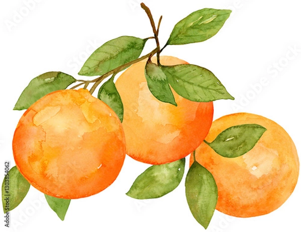 Fototapeta Three oranges on branch watercolor hand drawn and painted on isolated background. Citrus fruit tropical food