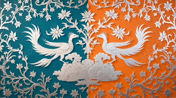 Fototapeta A solarized court portrait pattern reversing Qing Dynasty embroidery colors with phoenix silhouettes