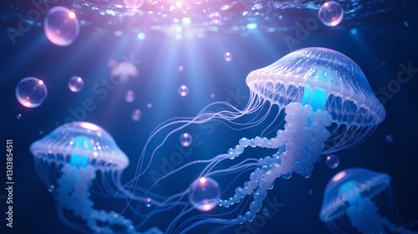 Fototapeta A surreal underwater scene with bioluminescent jellyfish and floating crystalline bubbles, rendered in opalescent blues and purples with glowing underwater spotlights creating ethereal shadows