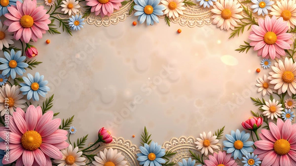 Fototapeta A floral lace pattern with intricate daisy motifs and vine borders, colored in soft pastels, enhanced by a parchment texture and golden embossing effects, lit by candlelight