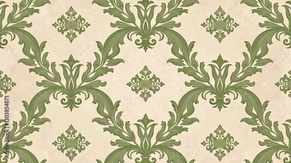 Fototapeta A vintage wallpaper pattern with scrolling acanthus leaves and medallion motifs, colored in olive green and cream, enhanced by a parchment texture