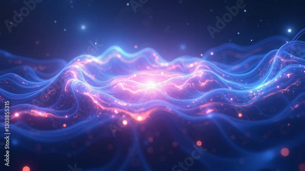Fototapeta An abstract energy field with swirling plasma-like patterns in electric blue and violet, enhanced by motion blur and lens flares, set against a starry galaxy background