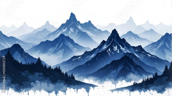 Fototapeta A splashed-ink mountain landscape repeating pattern in monochromatic indigo tones