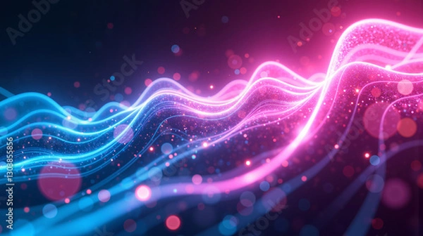 Fototapeta An abstract energy field with oscillating plasma waves and ion storms, colored in neon cyan and magenta, enhanced by lens flares and chromatic aberration
