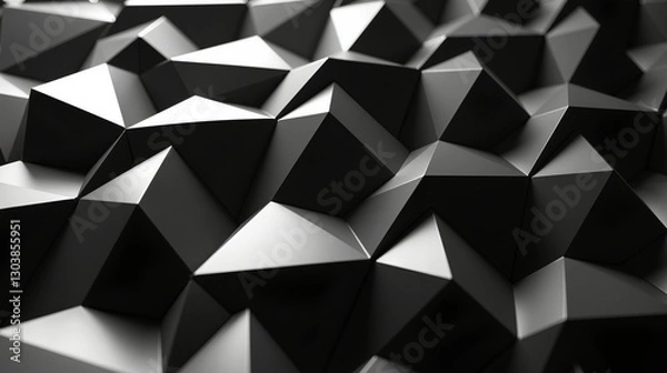 Fototapeta A geometric puzzle with interlocking tetrahedrons and cubes in matte black and white, arranged in a seamless pattern with directional light