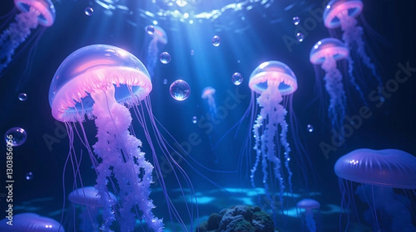 Fototapeta A surreal underwater scene with bioluminescent jellyfish and floating crystalline bubbles, rendered in opalescent blues and purples with glowing underwater spotlights creating ethereal shadows