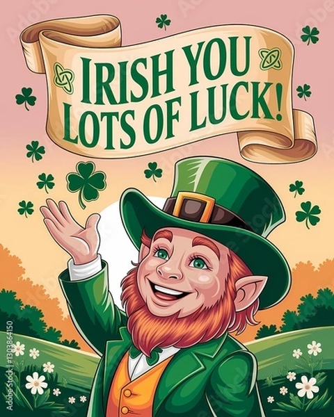 Fototapeta  St. Patrick's Day illustration with a leprechaun and a sign with writing