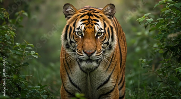Fototapeta Tiger Face Frontal Jungle: Frontal portrait of a tiger looking directly at the camera in a jungle environment