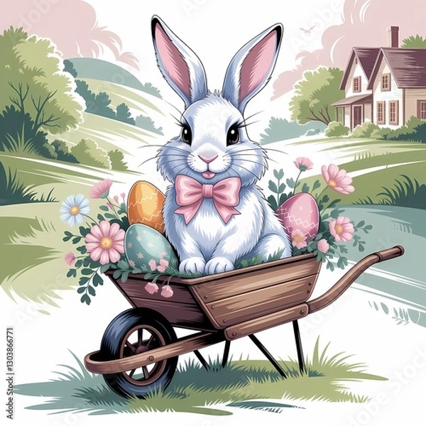Fototapeta  A bunny on top of a wooden cart with Easter eggs