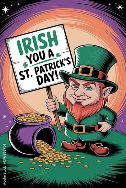 Fototapeta  A leprechaun holding a wooden sign with a bucket of gold coins