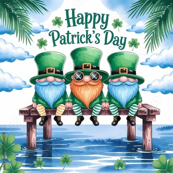 Fototapeta St. Patrick's Day illustration with 3 leprechauns in a pond