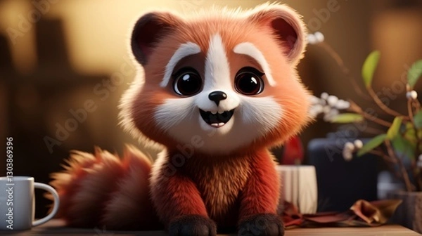 Fototapeta Cute Red Panda Cartoon Character in 3D Render Style