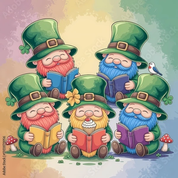 Fototapeta St. Patrick's Day illustration with several leprechauns reading books