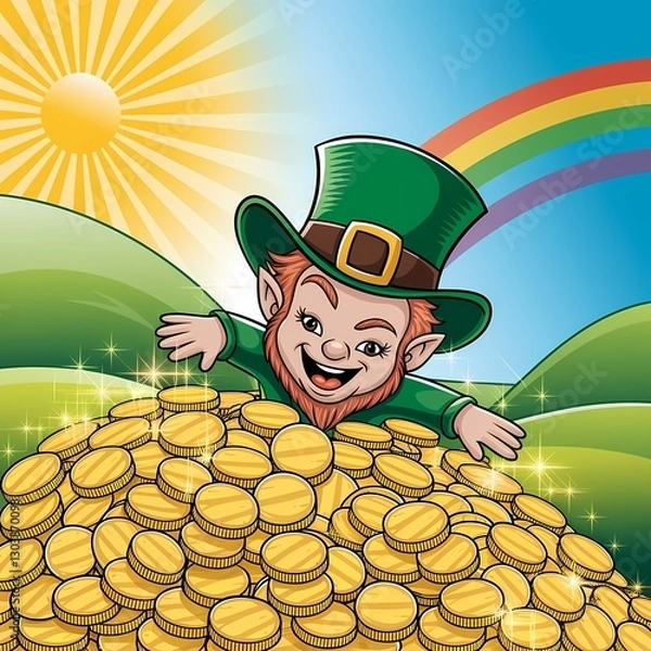 Fototapeta St. Patrick's Day illustration with a leprechaun swimming in gold coins
