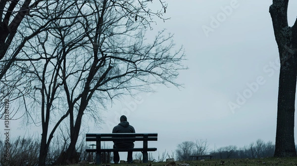 Fototapeta Solitary person sitting on park bench with head bowed, surrounded by barren trees and overcast sky, symbolizing isolation and emotional struggle. Concept of loneliness and mental health.