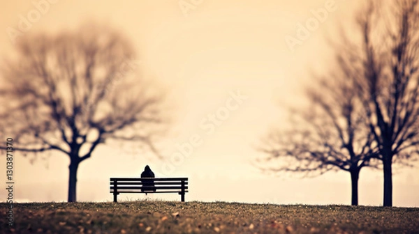 Fototapeta Solitary person sitting on park bench with head bowed, surrounded by barren trees and overcast sky, symbolizing isolation and emotional struggle. Concept of loneliness and mental health.