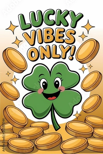 Fototapeta St. Patrick's Day illustration with a happy shamrock and gold coins